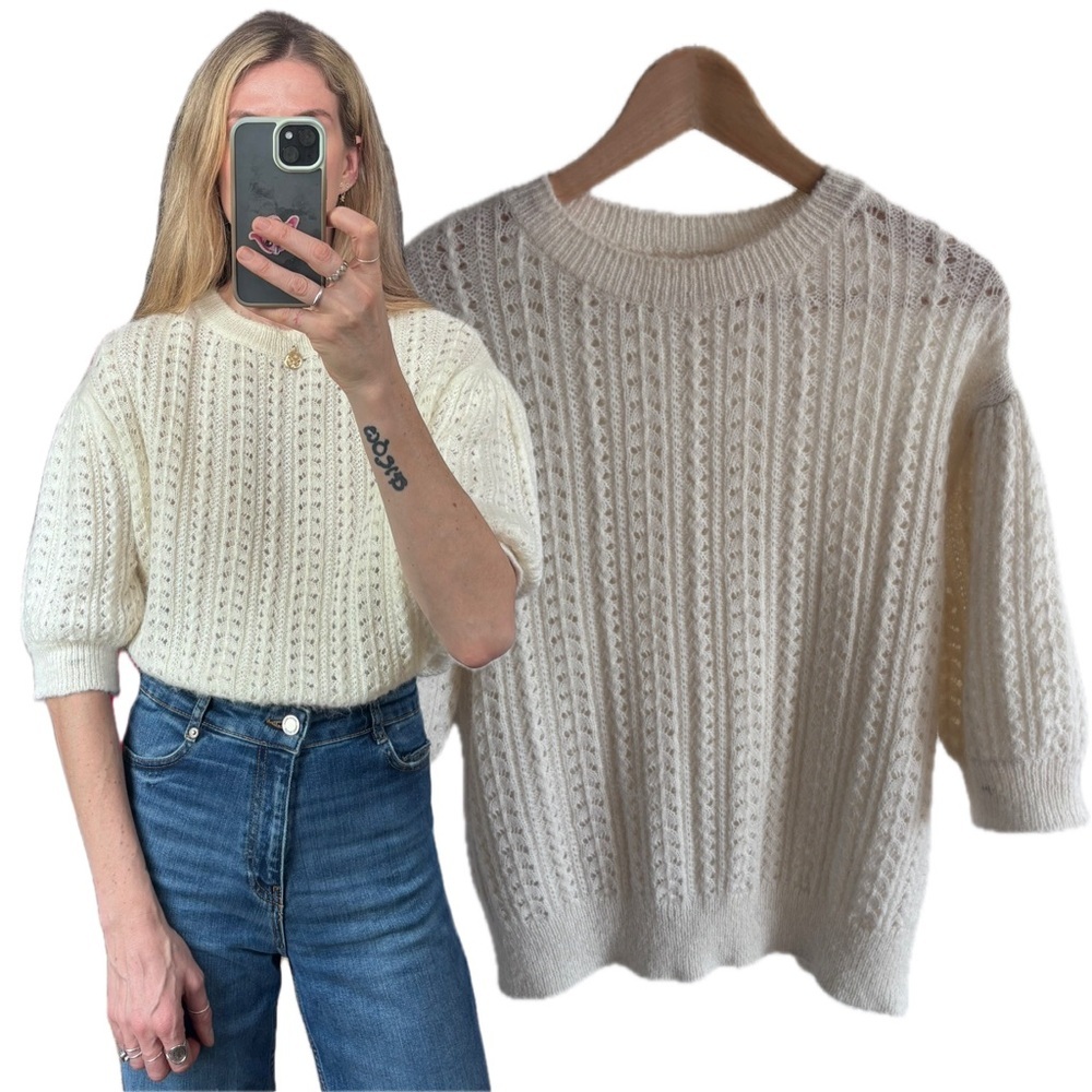 OAK + FORT Textured Cream Knit Woven Puff Sleeve Boho Oversized Sweater Top